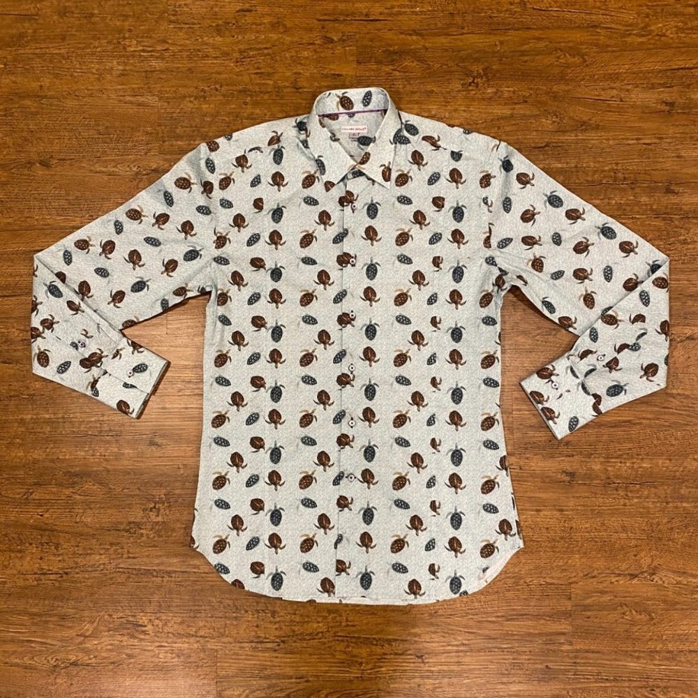 Rare Coton Doux Blue Turtle Print‎ Slim Fit Button Up Casual Shirt Men L (41/16)